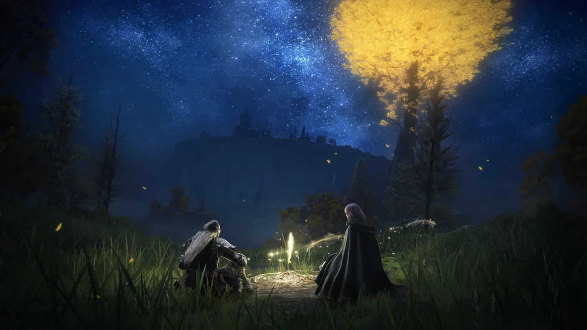 Dos Sinluz descansan junto a una hoguera bajo un cielo nocturno azul y estrellado