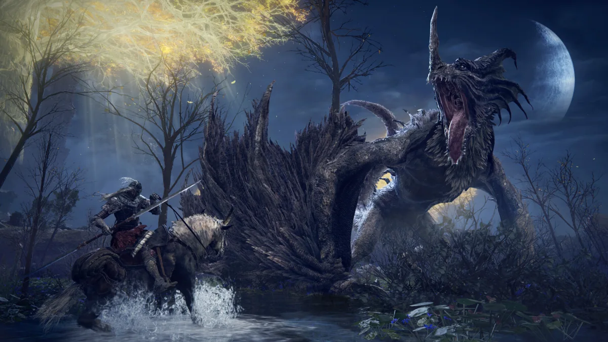 Sinluz en combate contra un dragón bajo la luz de la luna