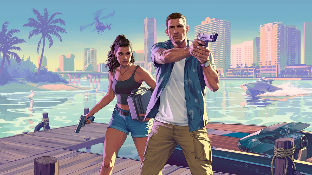 Jason y Lucía con armas en un muelle de Vice City, helicóptero policial y rascacielos al fondo