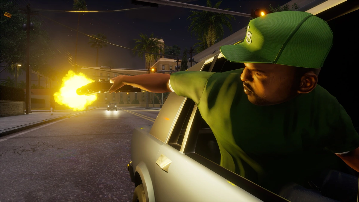 CJ dispara desde un coche en una calle de Los Santos de noche en San Andreas