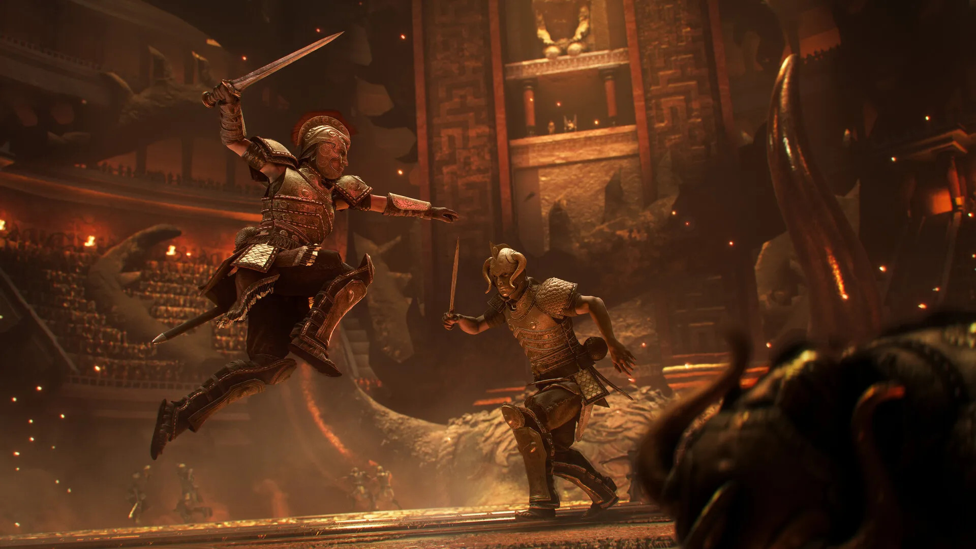 Dos gladiadores luchando en una arena circular iluminada por antorchas