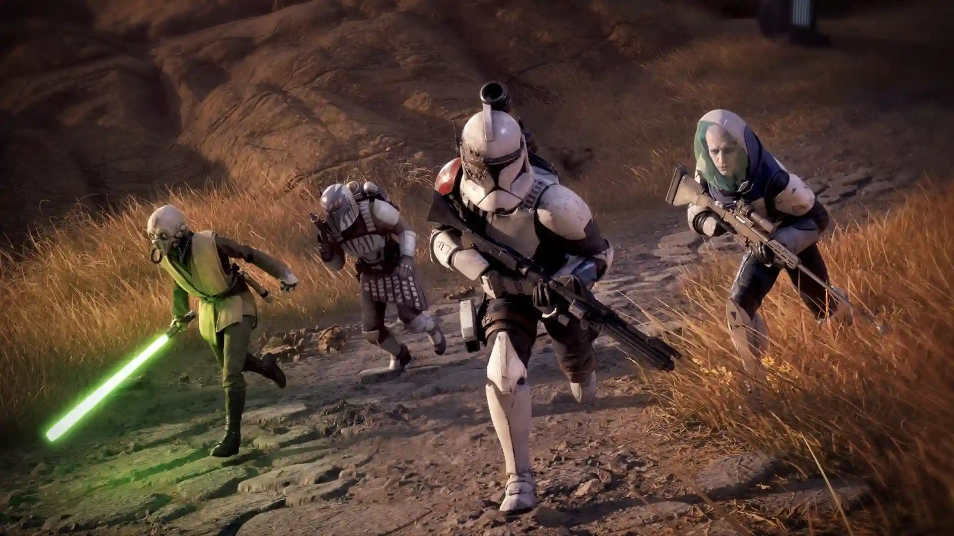Tropas de Zero Company corriendo por un yermo; un Jedi acompaña a la escuadra