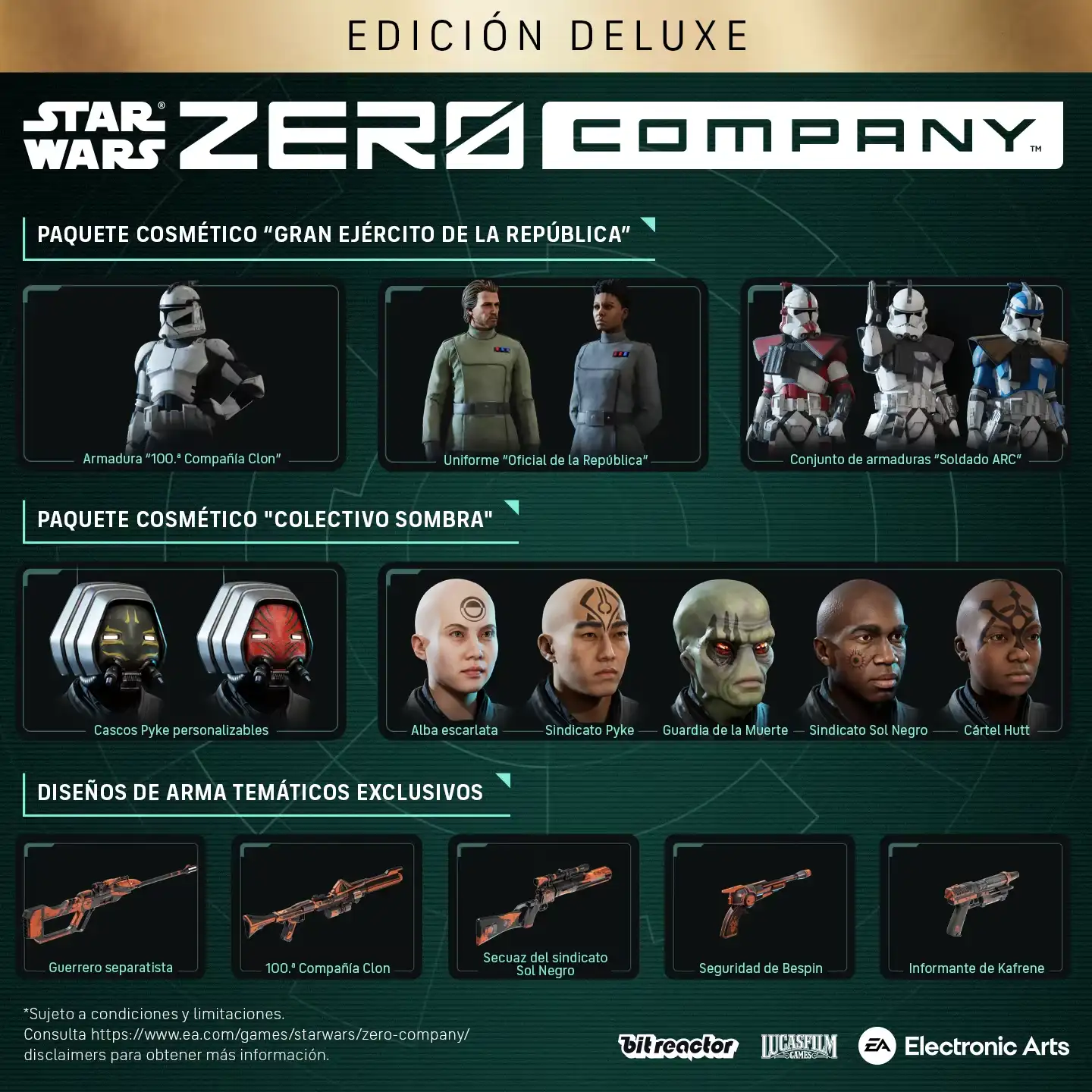 Extras de la edición Deluxe: packs cosméticos Clone Wars y temas de armas