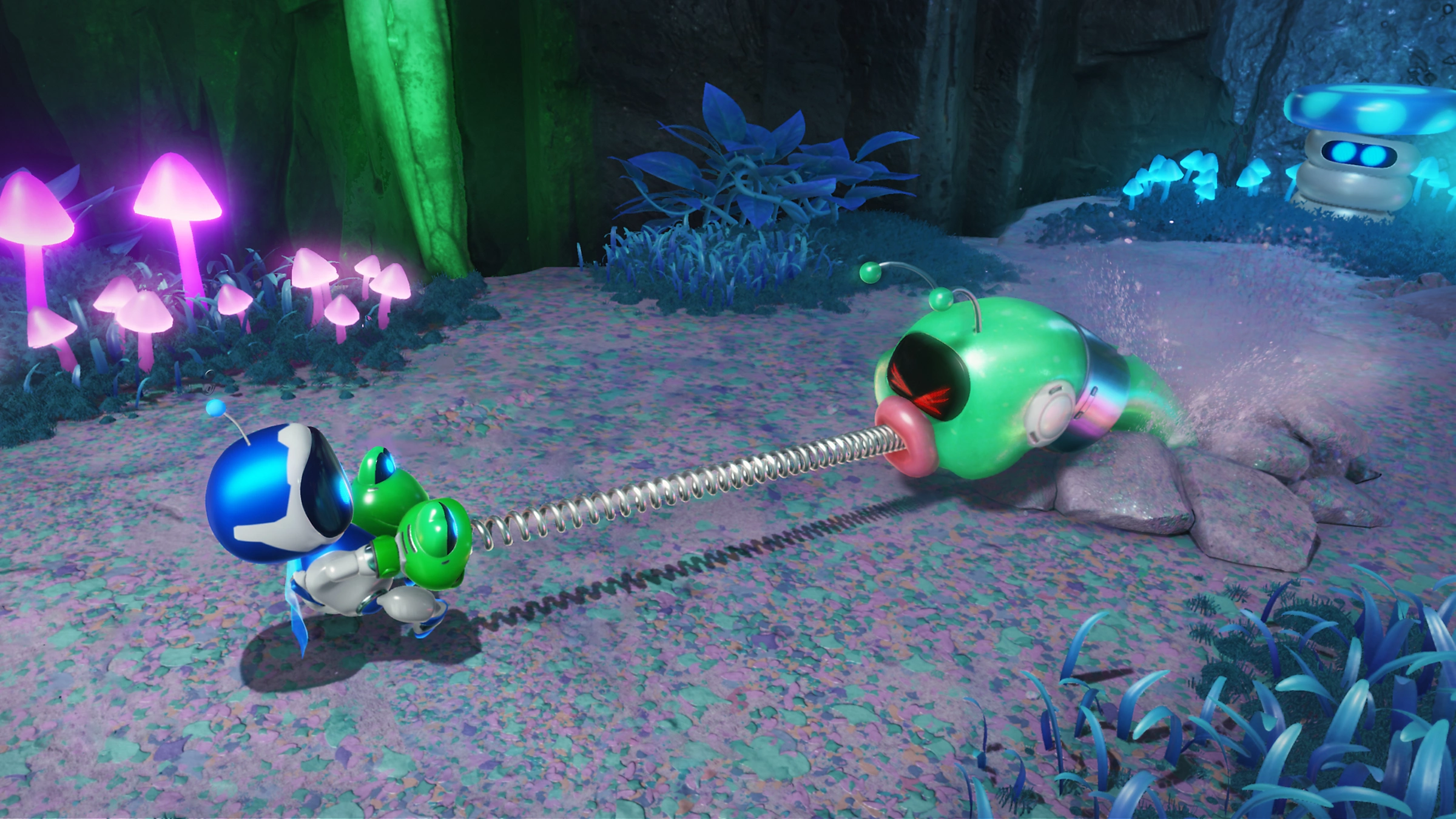 Astro Bot sonriente flotando en el espacio con planetas de colores al fondo