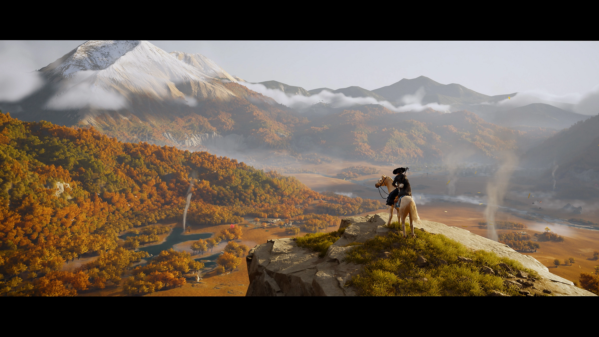 Atsu con katana en un paisaje nevado de montaña al amanecer
