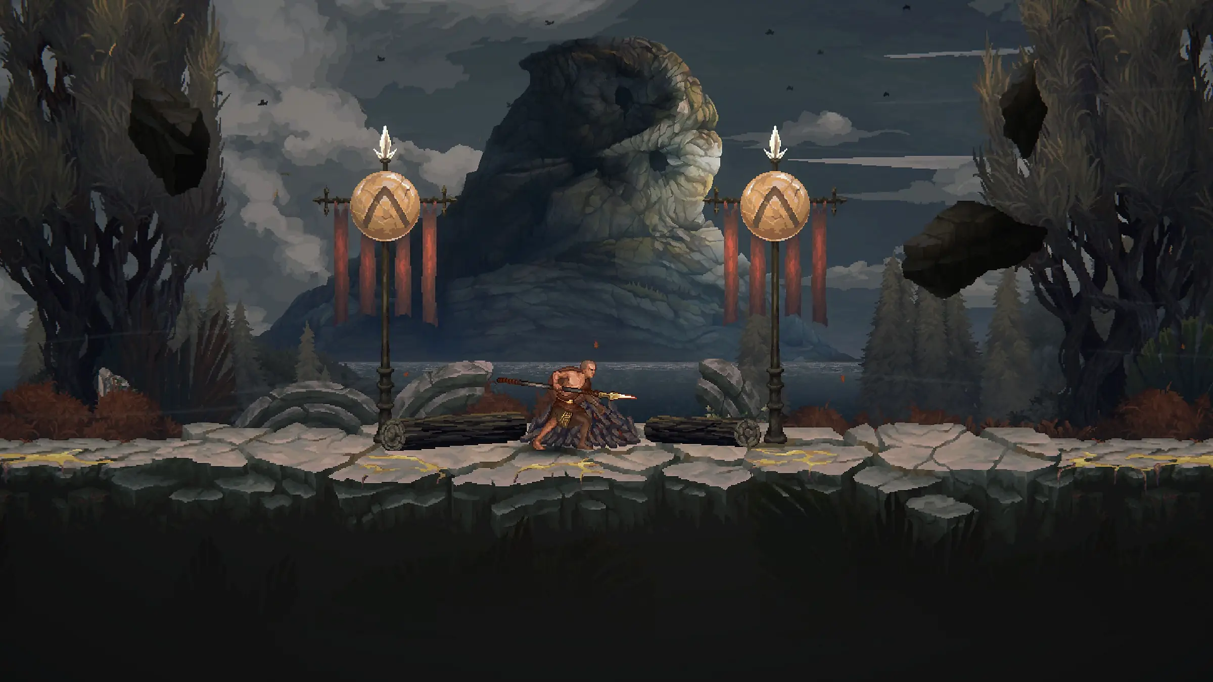 Kratos y Deimos jóvenes en armadura espartana frente a un templo griego