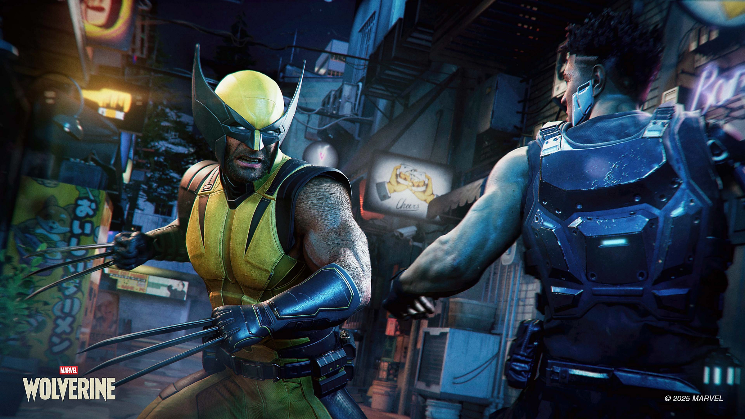 Wolverine con garras extendidas en un entorno urbano de noche