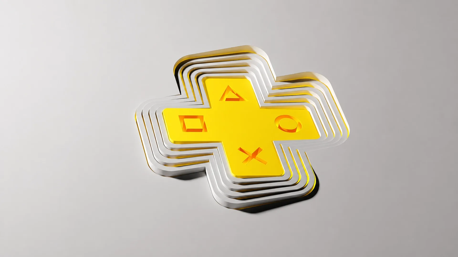 Logo 3D amarillo de PlayStation Plus sobre capas grises en fondo claro