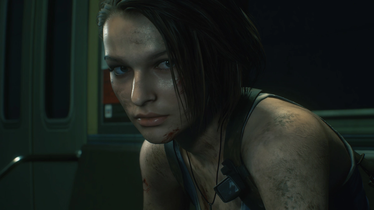 Jill Valentine con el rostro manchado de hollín dentro de un vagón de metro de Raccoon City