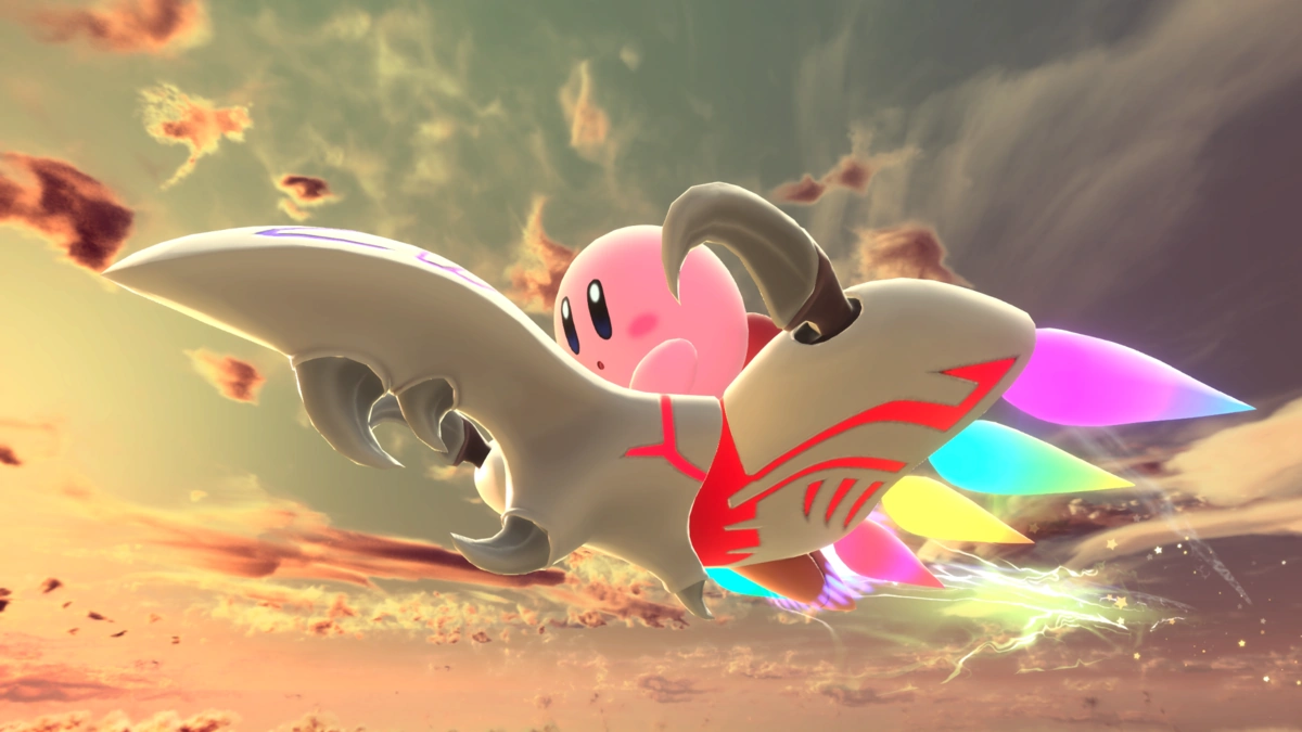 Kirby sobre una máquina blanca con estela de colores, volando entre nubes al atardecer
