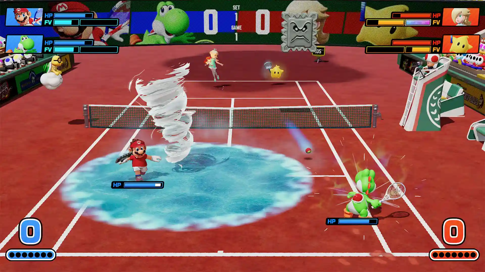 Partido de dobles en pista roja: Mario y Yoshi frente a Estela y Destello, con efectos de agua y tornado