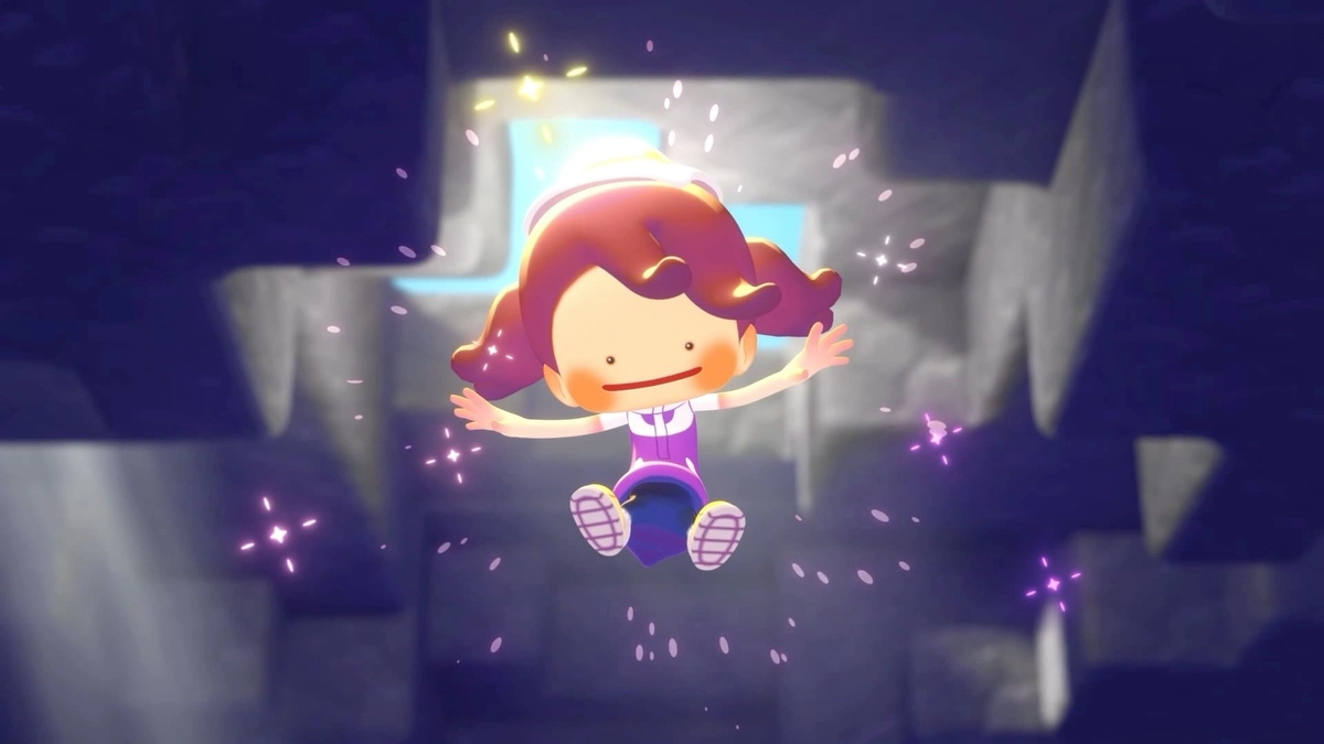 Personaje chibi con coletas cayendo por una cueva oscura, con destellos morados y un hueco de luz arriba