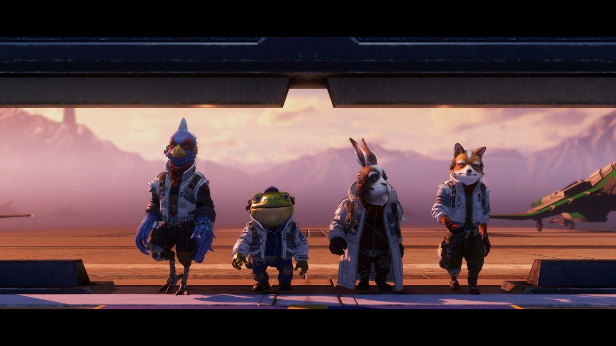 Falco, Slippy, Peppy y Fox McCloud en una pista al atardecer, con un Arwing a la derecha