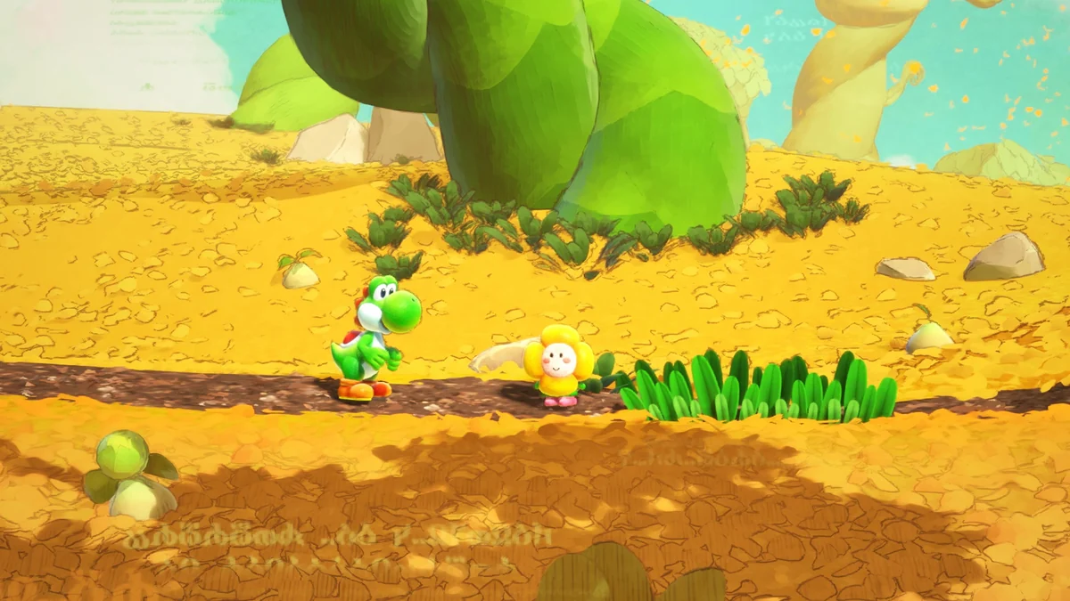 Yoshi verde junto a una criatura amarilla tipo flor en un paisaje de colinas doradas y una planta enorme
