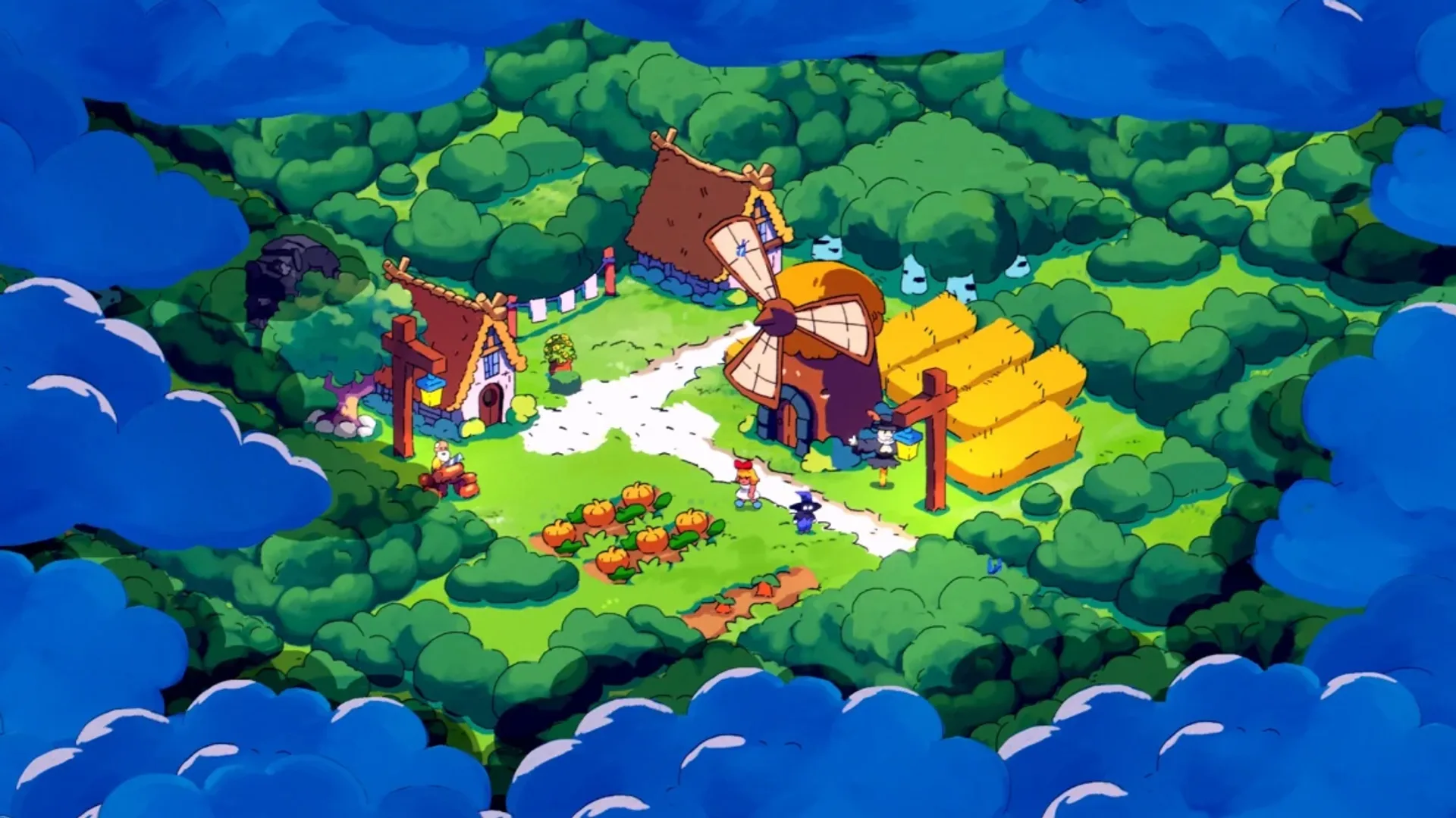 Pueblo de Spiritstead con casas, aldeanos y ambiente mágico en un claro del bosque entre nubes