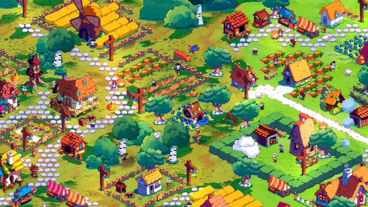 Pueblo de Spiritstead con huertos, puestos de mercado y caminos de piedra