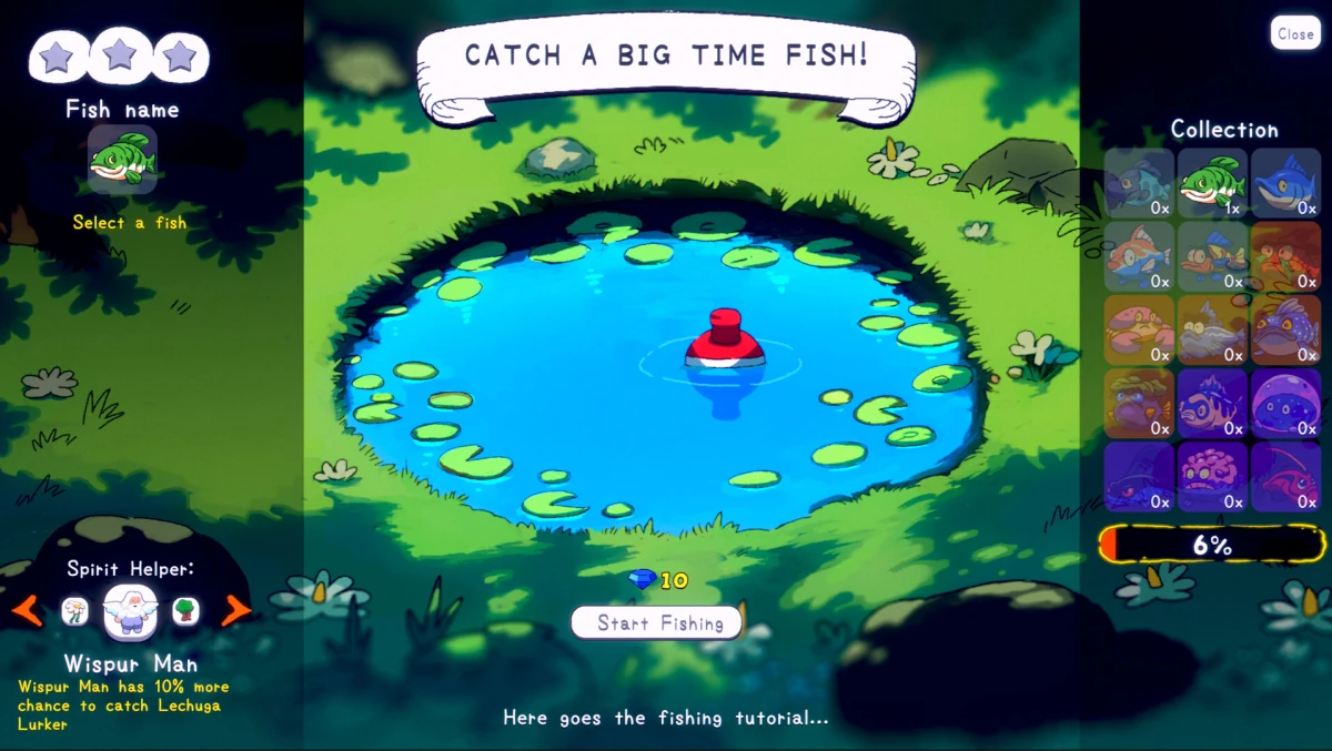 Minijuego de pesca en un estanque con lirios y colección de peces