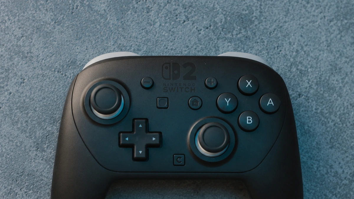 Mando Pro negro de Nintendo Switch 2 visto desde arriba sobre superficie gris