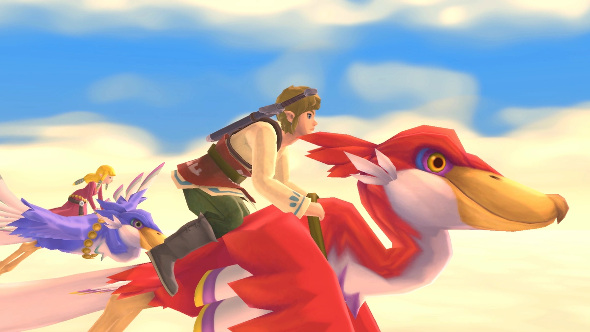 Link y Zelda volando sobre el mar de nubes a lomos de Loftwings
