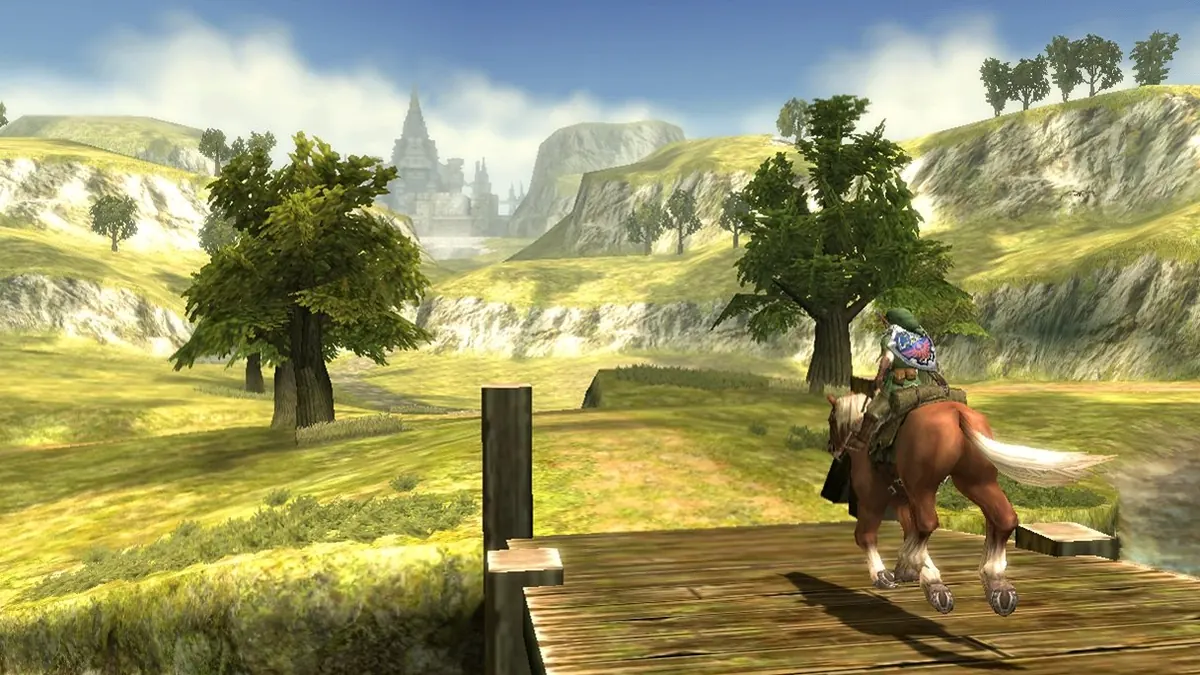 Link a lomos de Epona mirando Hyrule Field, con el castillo al fondo