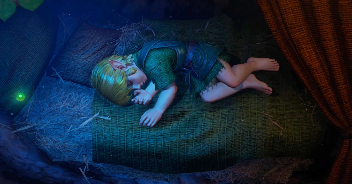 Link dormido en su cabaña Kokiri, con Navi brillando al lado, en el tráiler del remake de Ocarina of Time