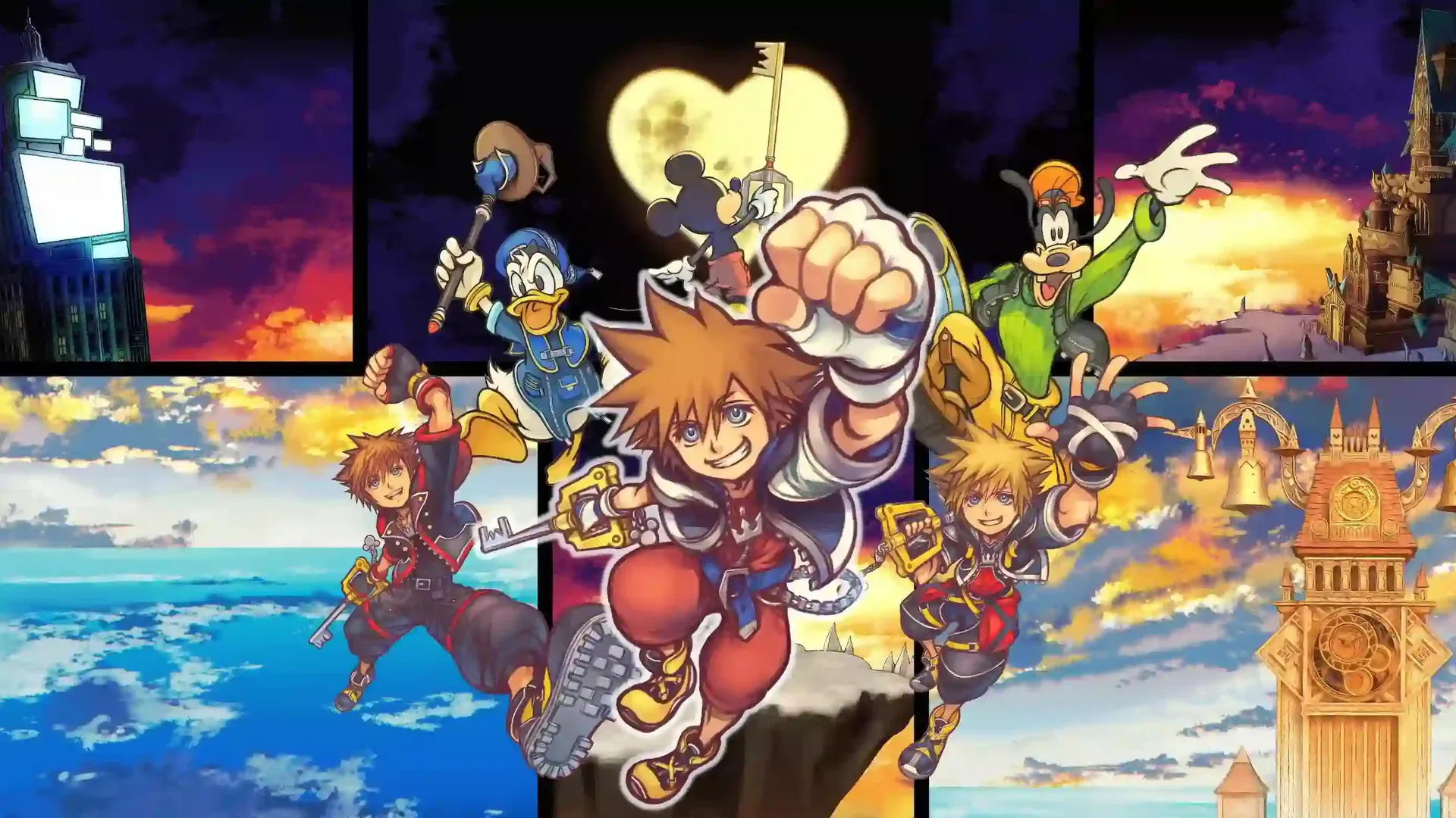 Sora, Donald y Goofy con la Keyblade ante Kingdom Hearts y mundos de la saga