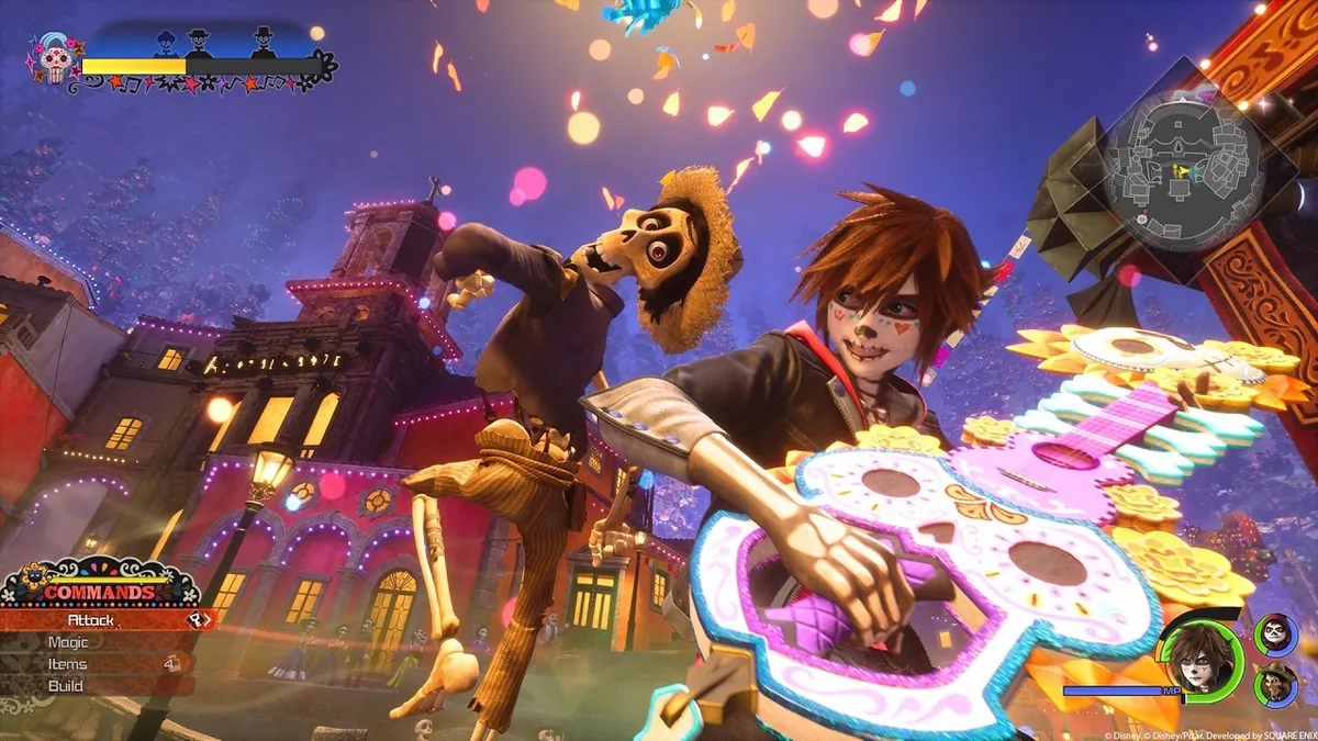 Sora con pintura facial de Día de Muertos y Keyblade de guitarra junto a Héctor en el mundo de Coco, Kingdom Hearts IV