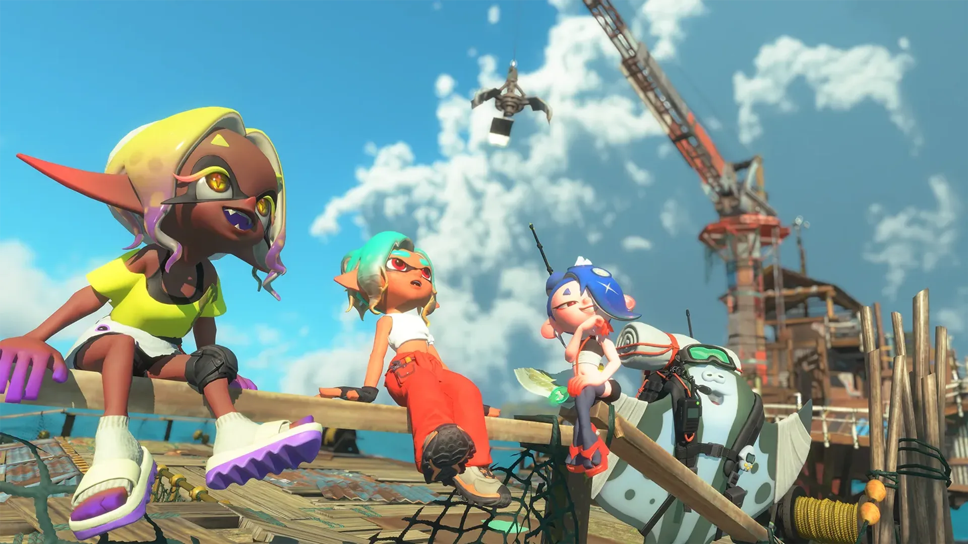Personajes de Splatoon sentados en una viga bajo un cielo azul soleado