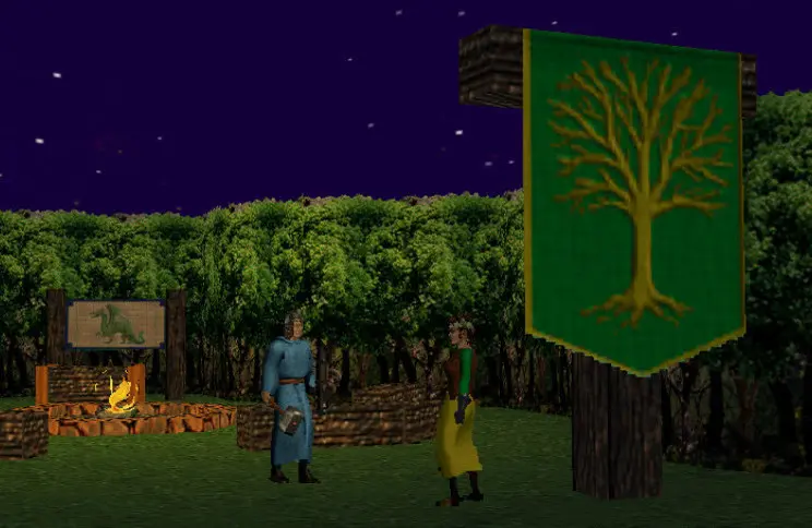 Escena de un MMO clásico: dos personajes junto a una hoguera en un claro del bosque