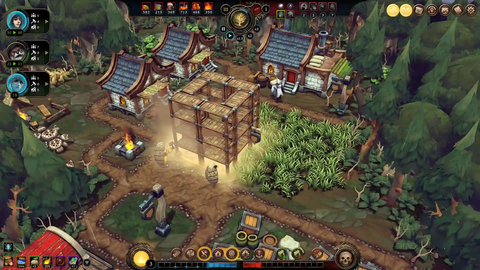 Asentamiento en construcción entre pinos en Against the Storm, con UI de recursos
