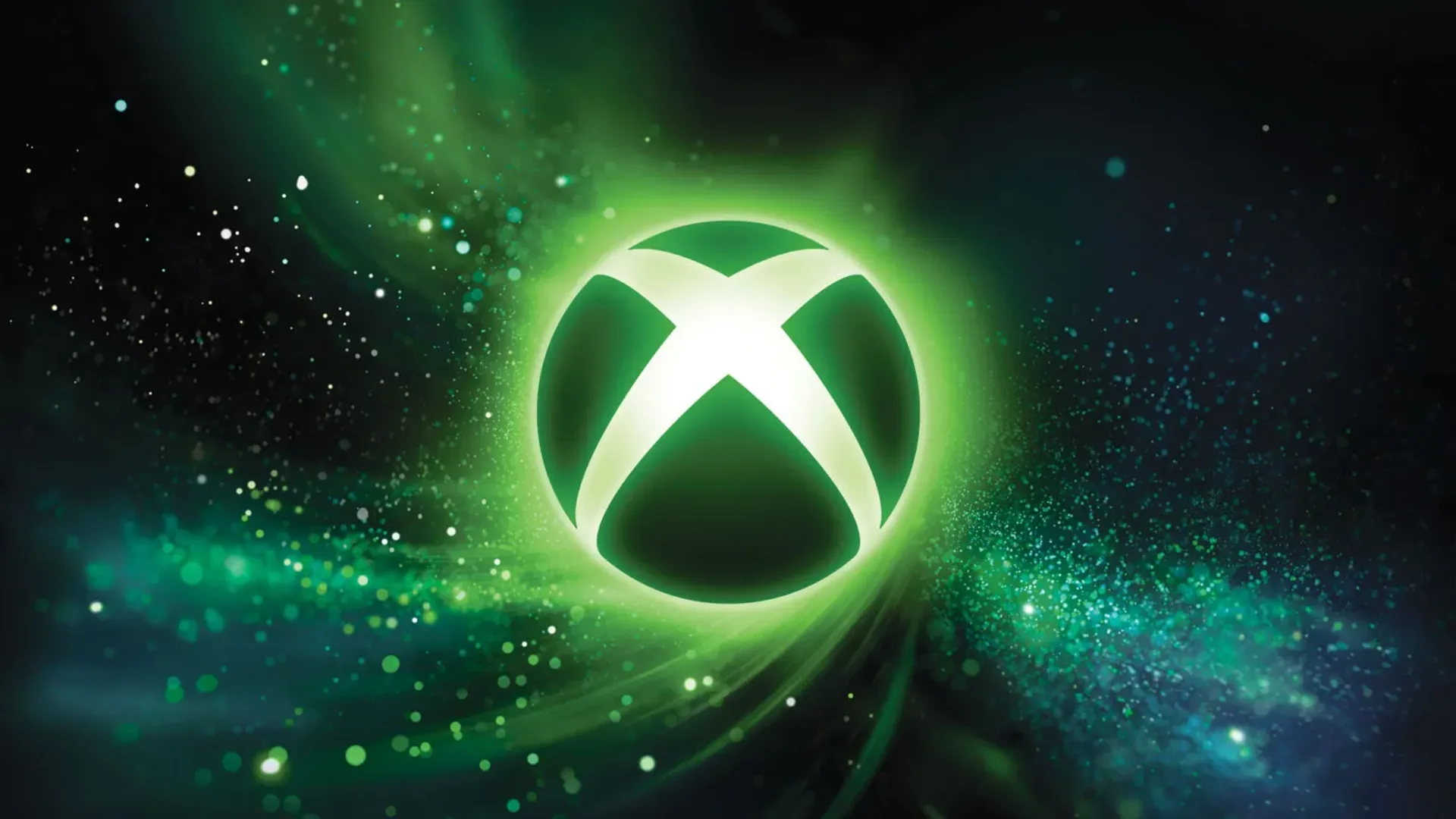 Logo esférico de Xbox brillante sobre un fondo de nebulosa verde