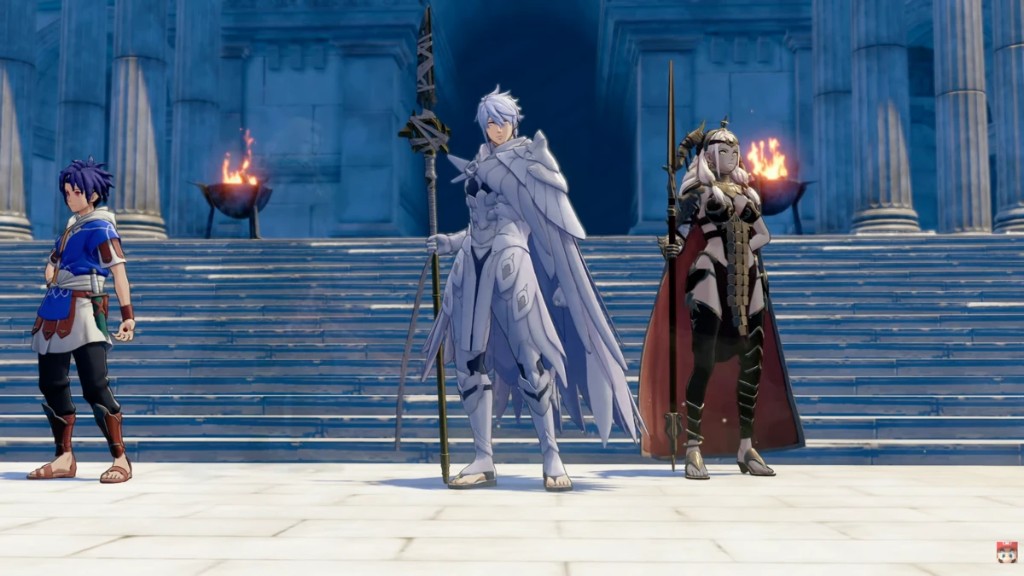 Tres protagonistas de Fire Emblem Fortune's Weave frente a un templo clásico con antorchas encendidas