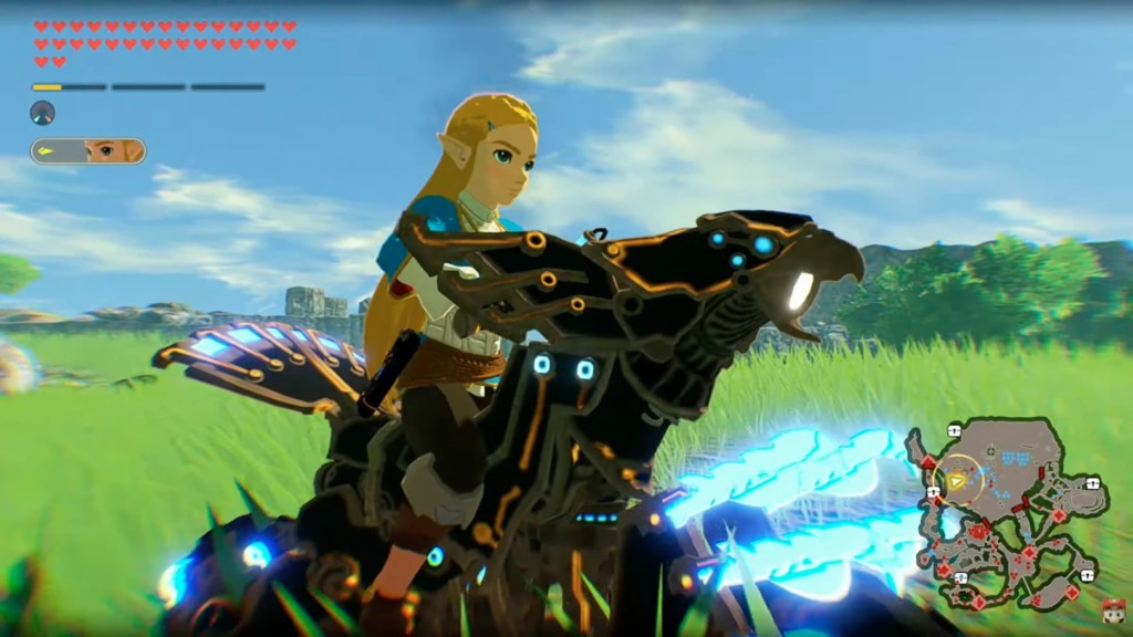 Zelda montada en una criatura mecánica atravesando un campo soleado en Hyrule Warriors