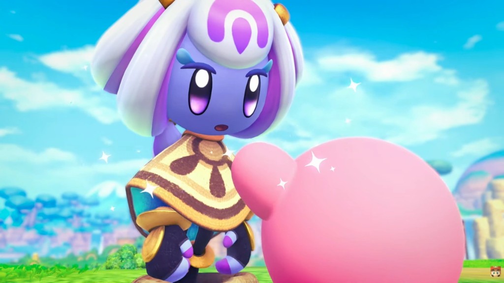 Kirby con destellos de luz conociendo a un personaje azul con sombrero de seta en un paisaje verde