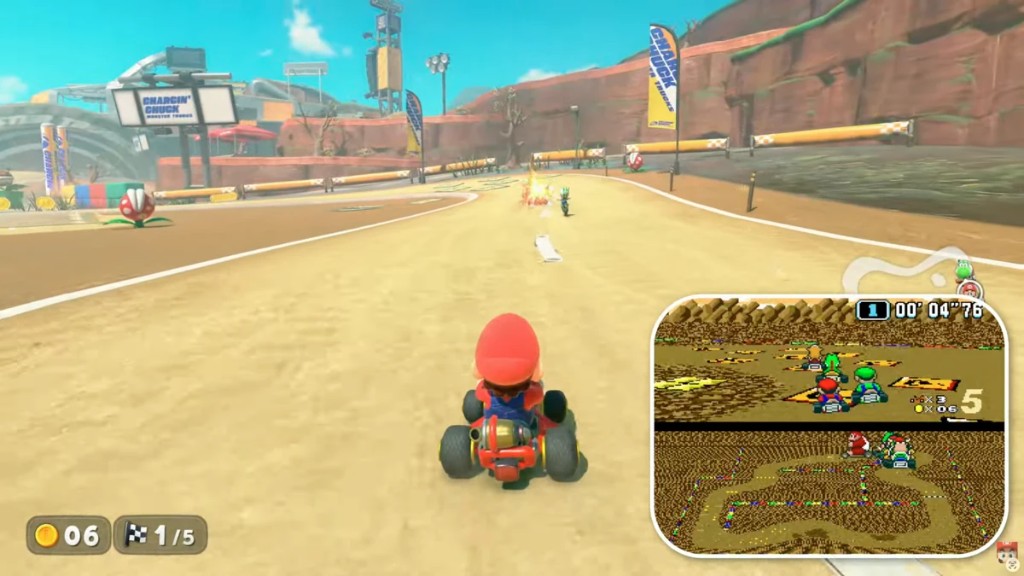 Mario conduciendo en una pista desértica en Mario Kart World, con comparativa retro de Super Mario Kart en pantalla