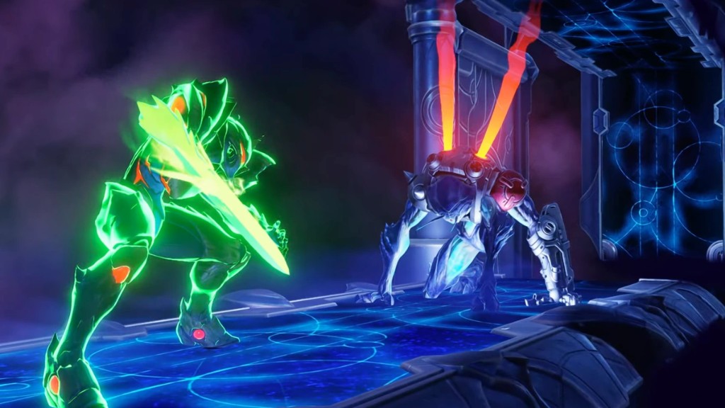 Samus en traje energético verde con espada de energía frente a Sylux en Metroid Ravenous
