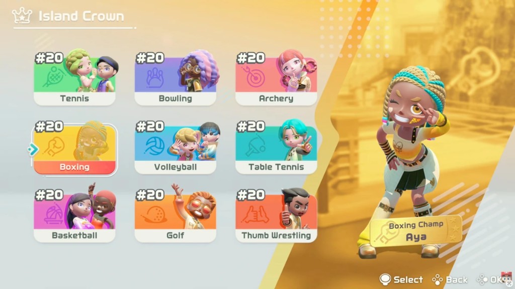 Menú de deportes Island Crown con nueve disciplinas y la campeona de boxeo Aya en Nintendo Switch Sports Resort
