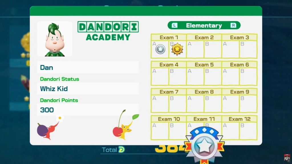 Menú de la Dandori Academy en Pikmin 4 con el alumno Dan y medallas de exámenes completados