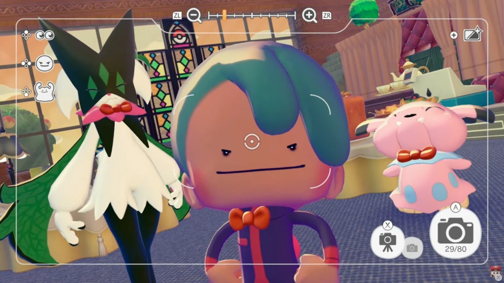 Personaje con pelo azul posando con Meowscarada en el modo foto de Pokémon Pokopia