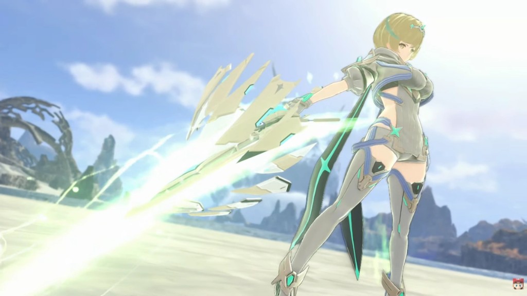 Fiora con sus cuchillas de energía verde en un campo abierto en Xenoblade Chronicles 3