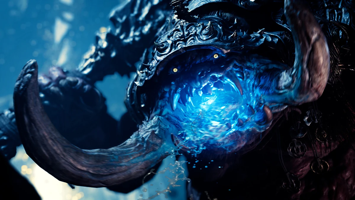 Genma acorazado con cuernos lanzando energía azul por la boca