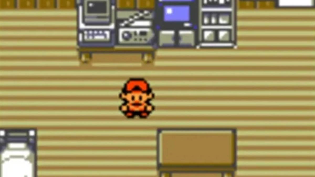 Protagonista en su habitación de Pueblo Primavera en Pokémon Oro, estilo Game Boy Color