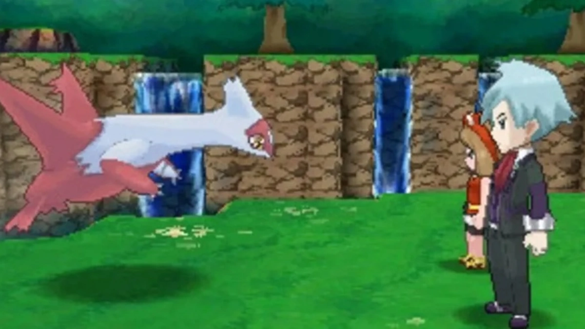 Latias frente a Steven y Maya junto a cascadas en Pokémon Rubí Omega
