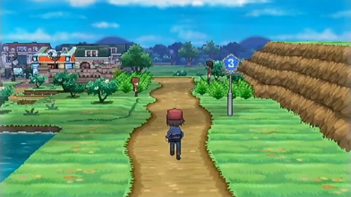 Protagonista caminando por la Ruta 3 hacia una ciudad en Pokémon X
