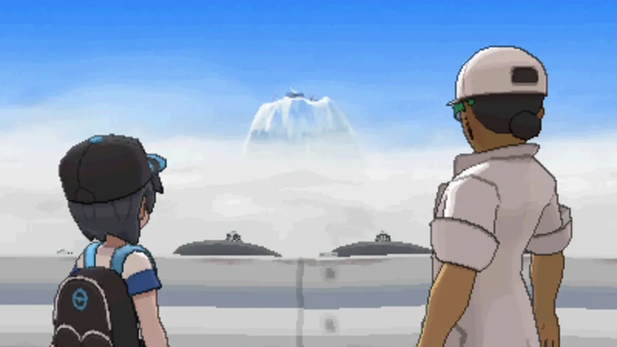 Protagonista y el Profesor Kukui contemplando el Monte Lanakila sobre las nubes en Ultrasol